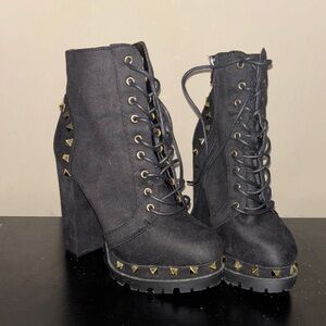 Wild Diva Black Lace-Up Boots with Gold Studs